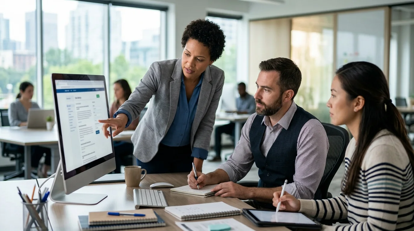 Marketing-Team in einer Besprechung analysiert KI-generierte Content-Briefings auf einem geteilten Bildschirm