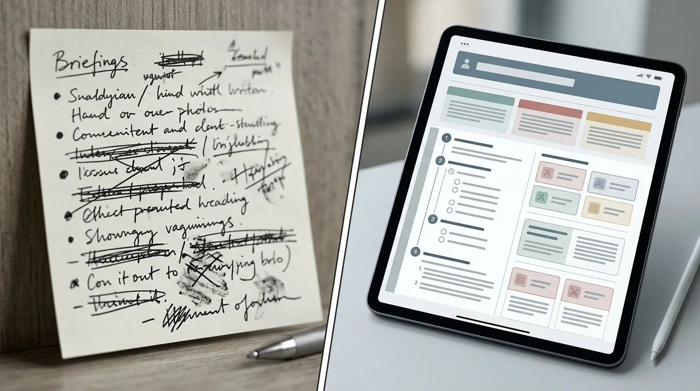 Schwaches versus starkes Content-Briefing im Vergleich – handschriftlich versus digital strukturiert