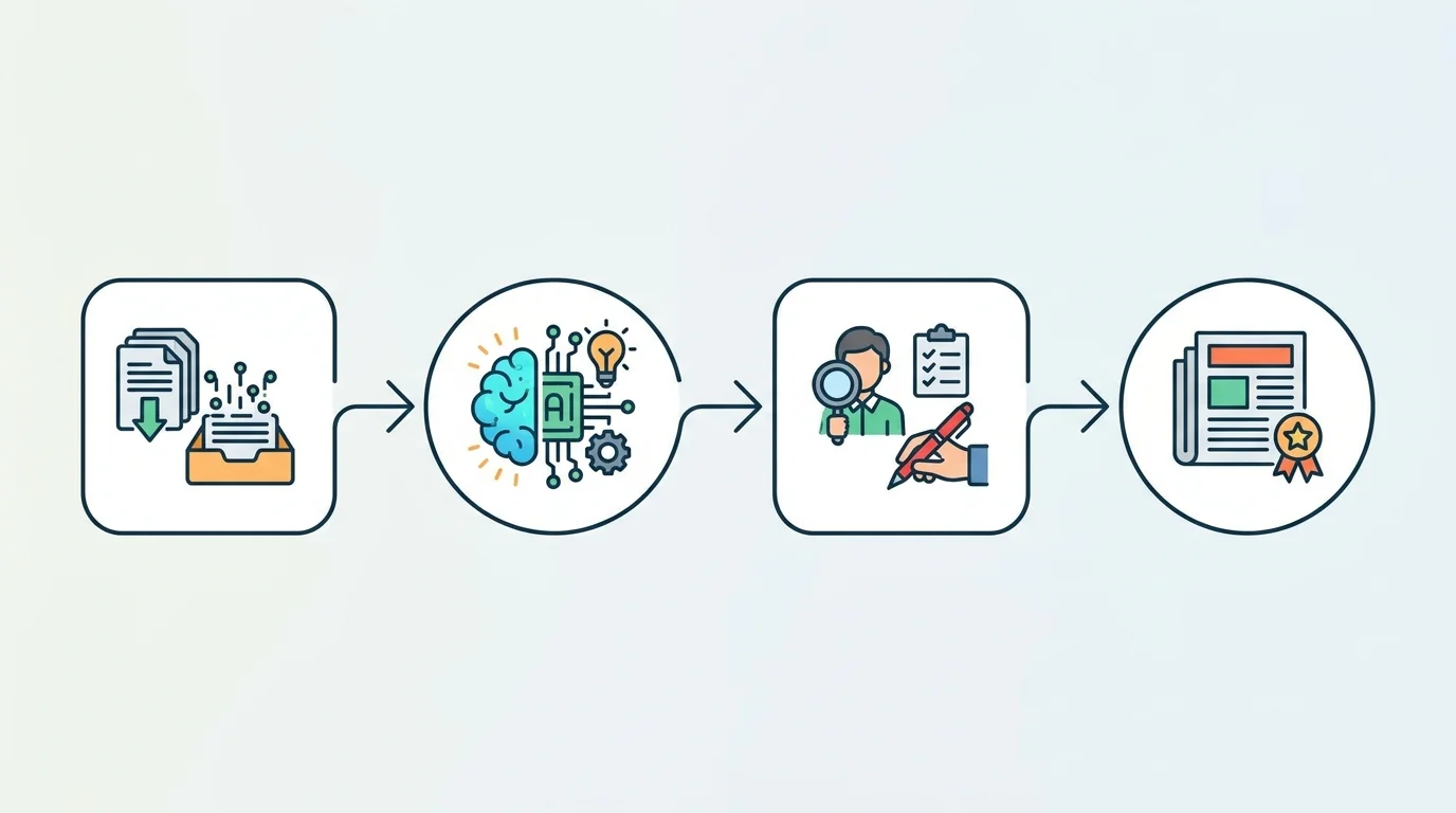 Vier-Phasen-Workflow von KI-Briefing bis fertigem Fachartikel als Prozessdiagramm