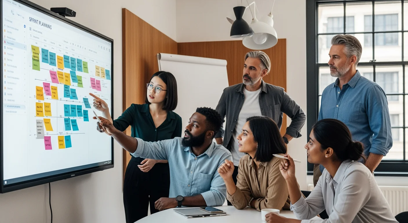 Change Management bei KI-Einführung: Redaktionsteam in Agile-Sprint-Meeting