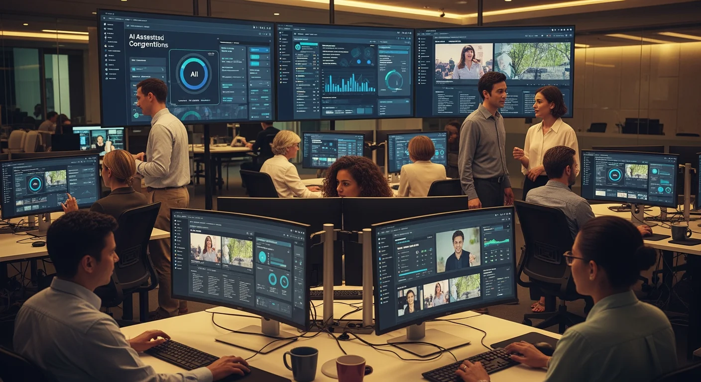 KI in der Redaktion: Moderner Newsroom mit KI-Workflow-Visualisierung auf Bildschirmen