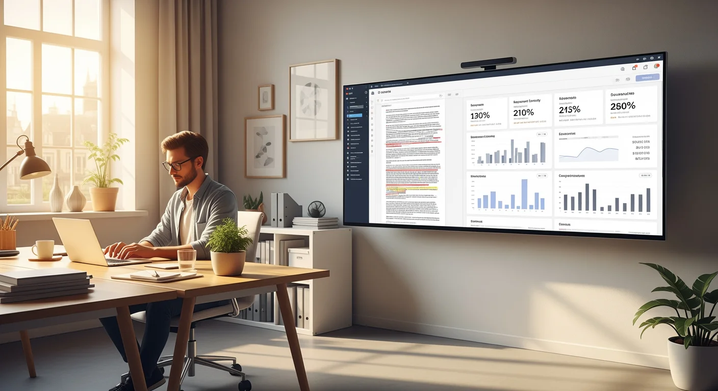 KI Redaktion: Mensch und Künstliche Intelligenz arbeiten gemeinsam im modernen Redaktionsbüro