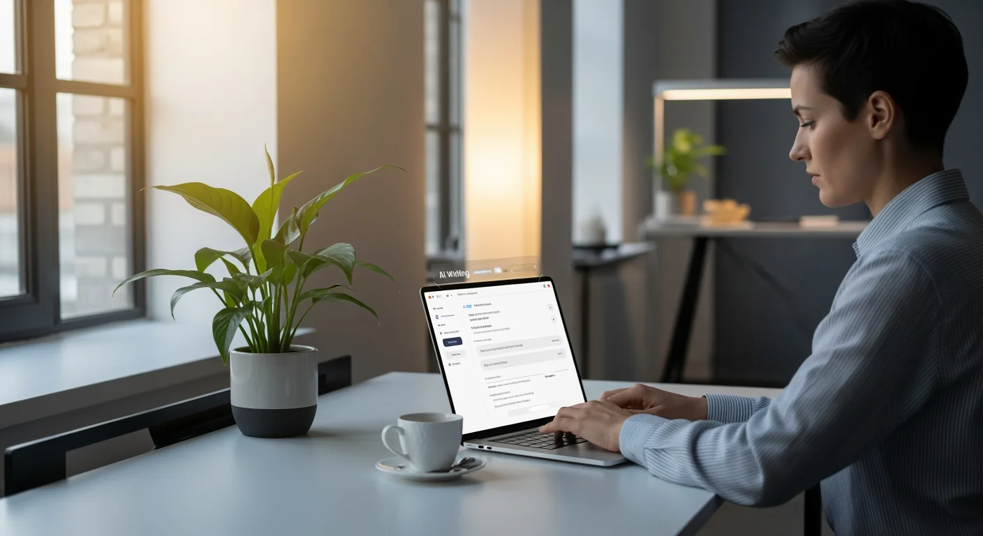 KI-Redaktion: Redakteur arbeitet mit KI-Tools am Laptop in modernem Büro
