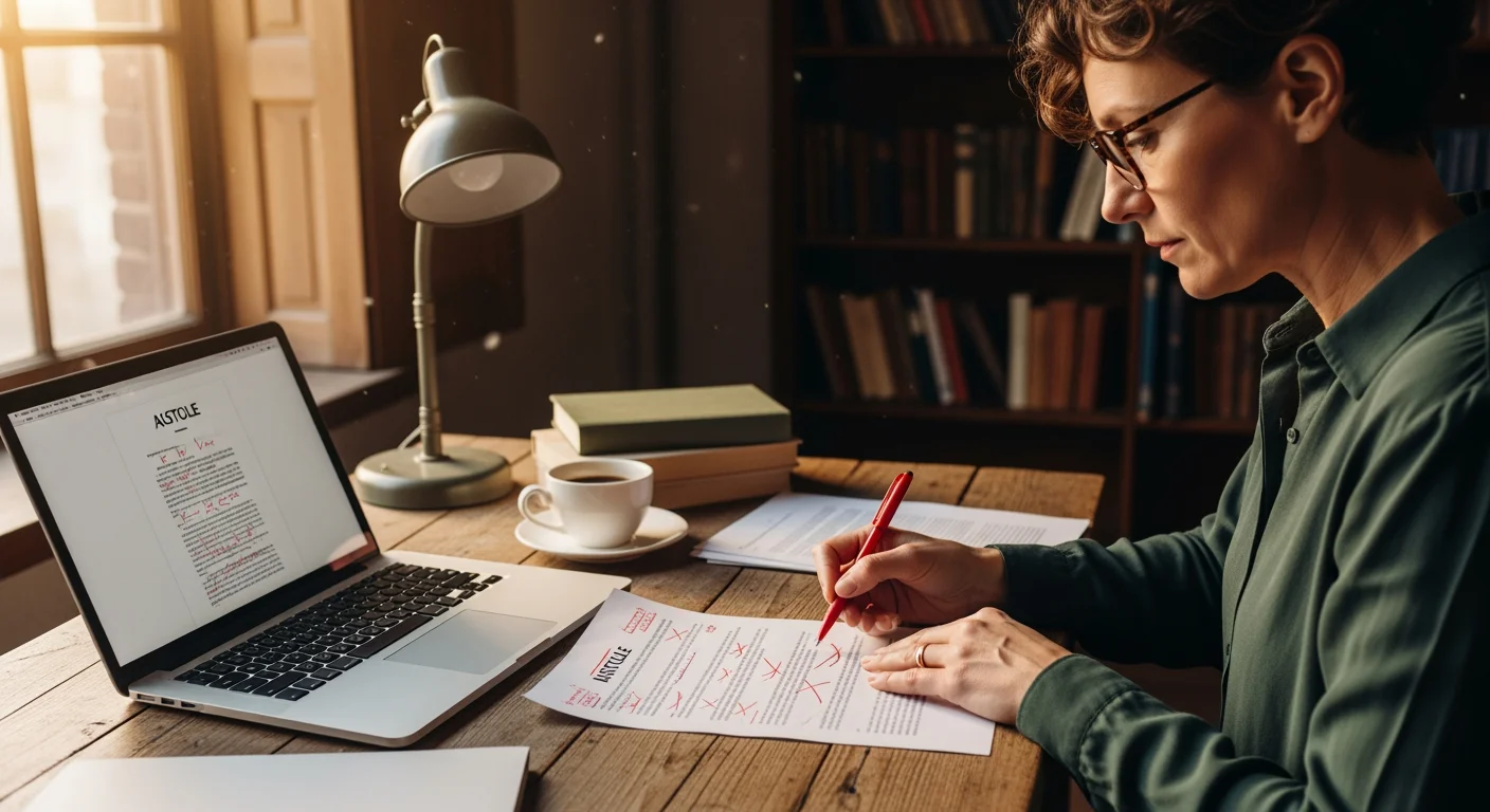 Redakteur überarbeitet KI-Text manuell am Schreibtisch mit Notizen und Markierungen