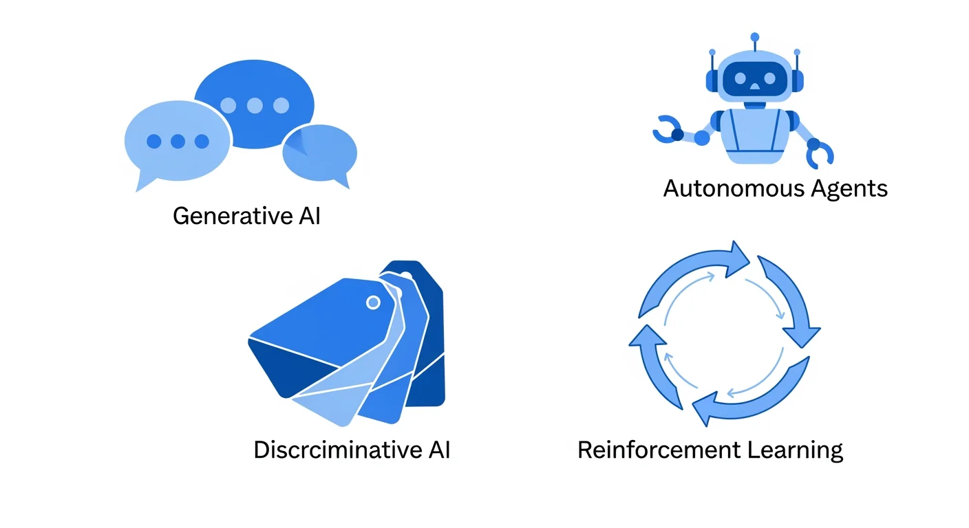 Vier Typen von KI im Redaktionseinsatz: generative KI, autonome Agenten, diskriminative KI und Reinforcement Learning