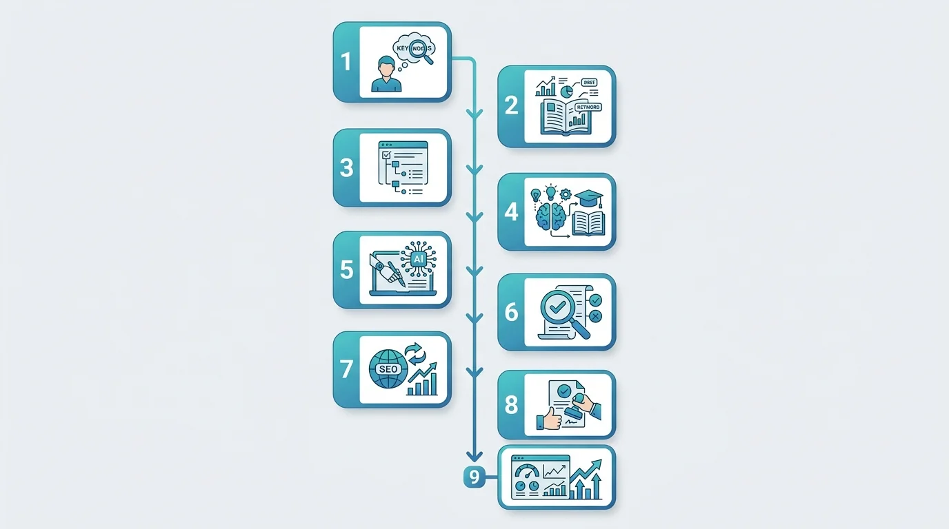Neunstufiger KI-Content-Workflow von Suchintention bis Aktualisierung – Schritt-für-Schritt-Darstellung