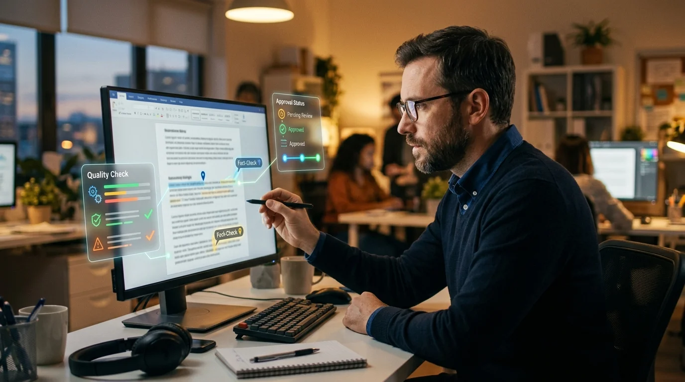 Mensch und KI Qualitätssicherung im Redaktionsworkflow: Redakteur überprüft KI-generierten Textentwurf