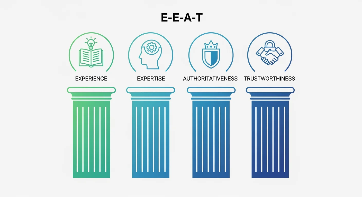 E-E-A-T Framework für KI-Content: Experience, Expertise, Authoritativeness und Trustworthiness visualisiert