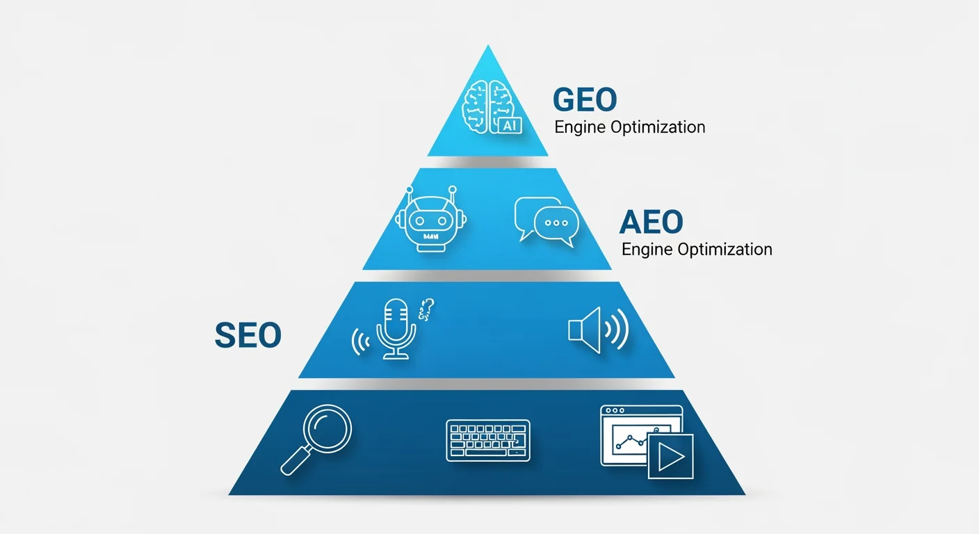 SEO AEO und GEO als drei Schichten der Content-Optimierung im Zusammenspiel
