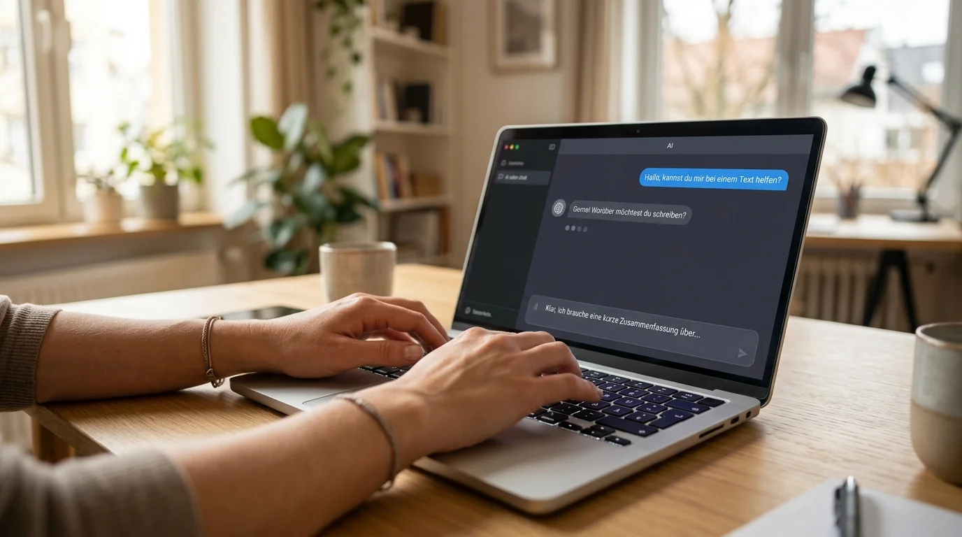 ChatGPT als KI-Texttool auf einem Laptop-Bildschirm in einer modernen Büroumgebung