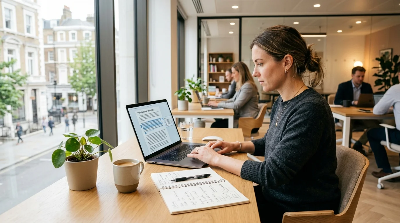 Long Form AI Writers im Vergleich: Mensch und KI arbeiten gemeinsam an Longform-Content am Laptop