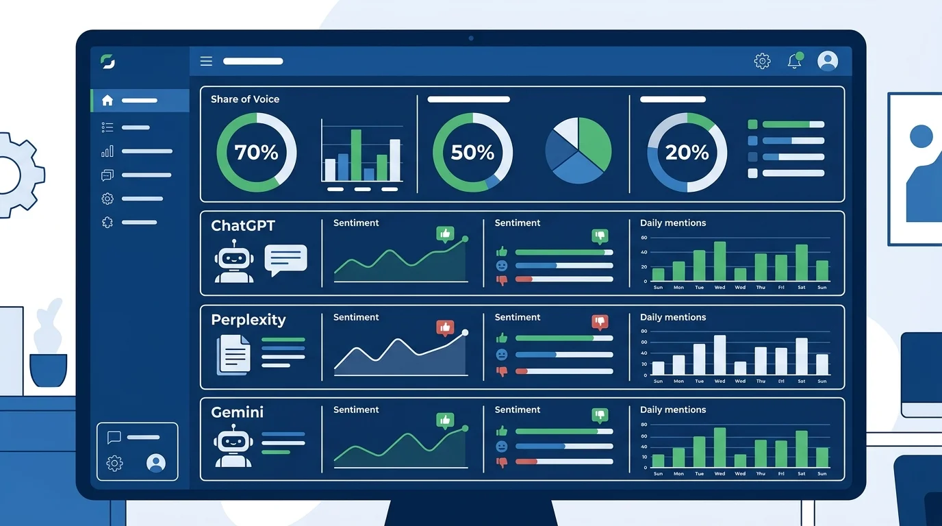 Markenerwähnungen KI verfolgen: Dashboard mit Share of Voice Metriken über ChatGPT, Perplexity und Gemini