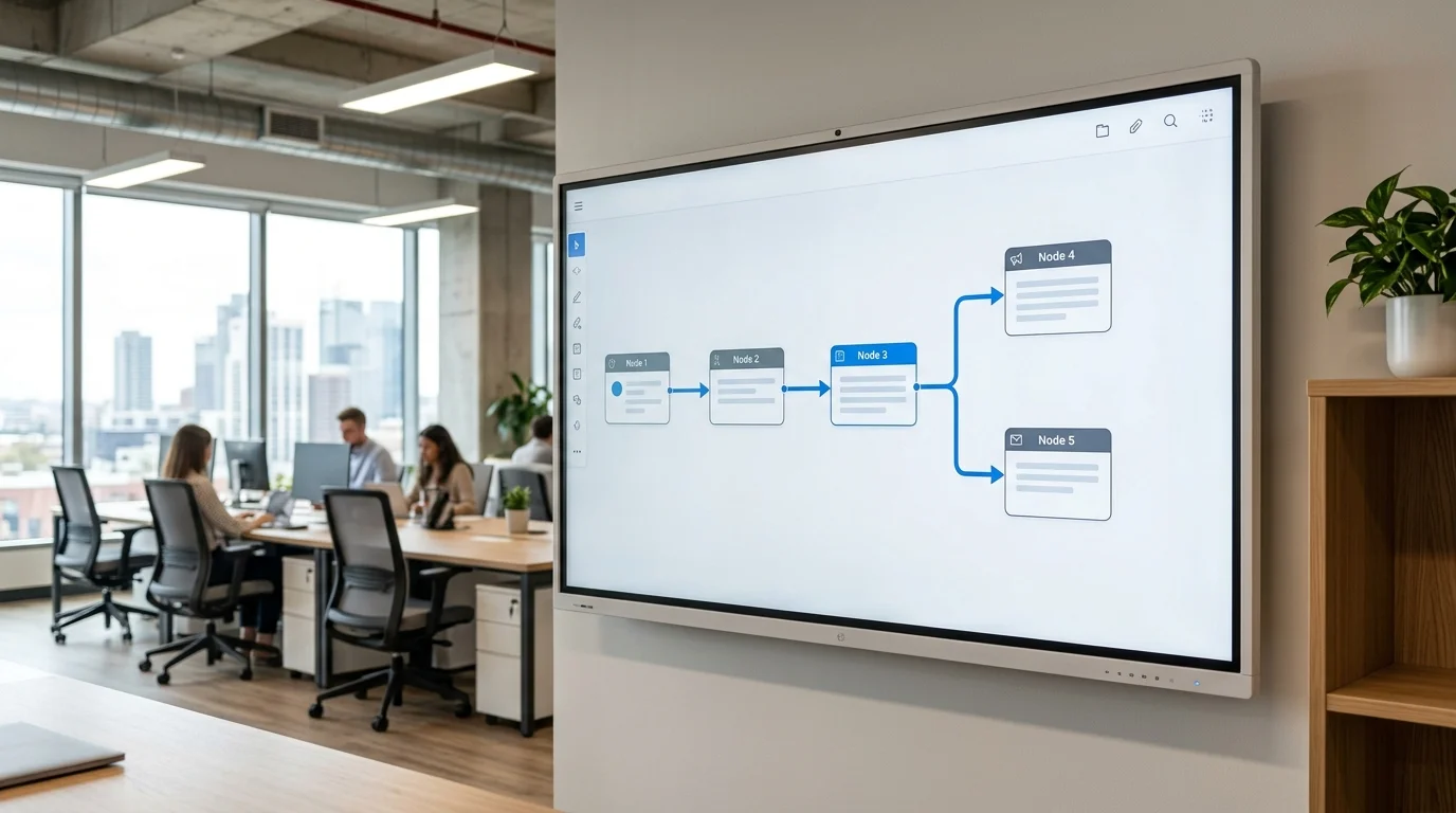 Automations-Workflow mit Make und n8n: visuelle Darstellung einer Content-Pipeline für DACH-Unternehmen