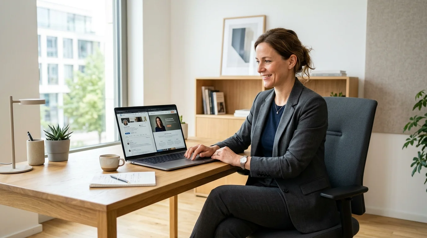 Gründer und CEO arbeitet an Personal Branding Strategie am Laptop mit LinkedIn und Website offen