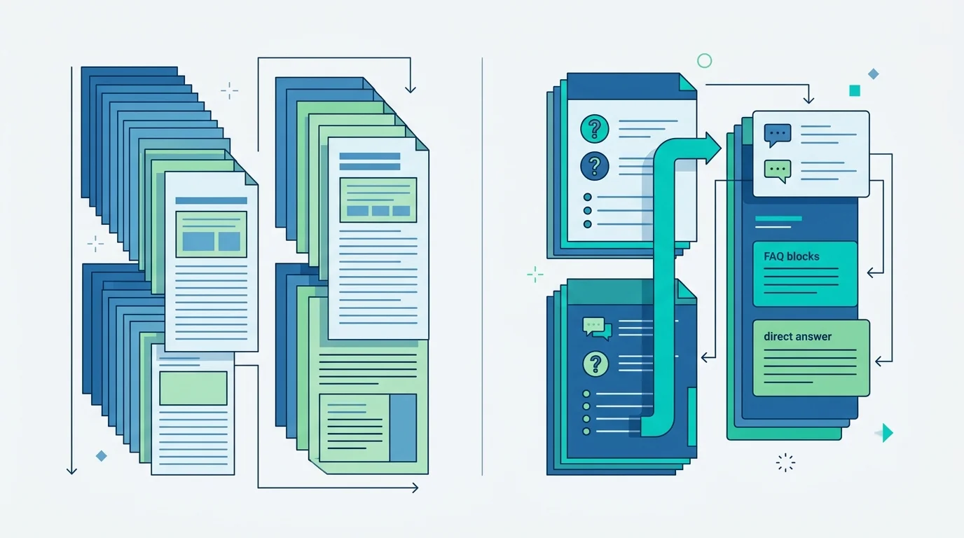 Diagramm zeigt den Unterschied zwischen klassischem Programmatic SEO und konversationellem Programmatic SEO mit direkten Antwortblöcken