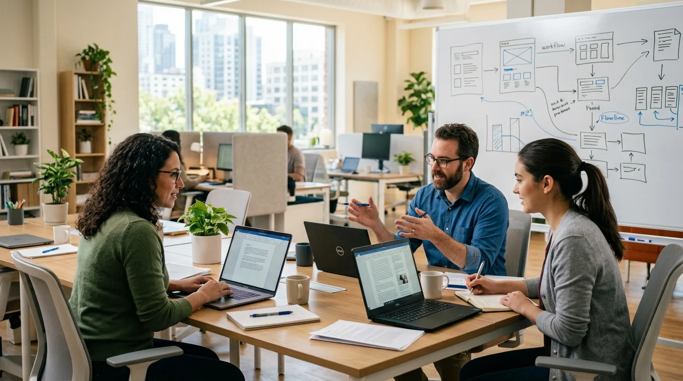 Redaktionsteam arbeitet an einem strukturierten Content-Workflow mit KI-Unterstützung