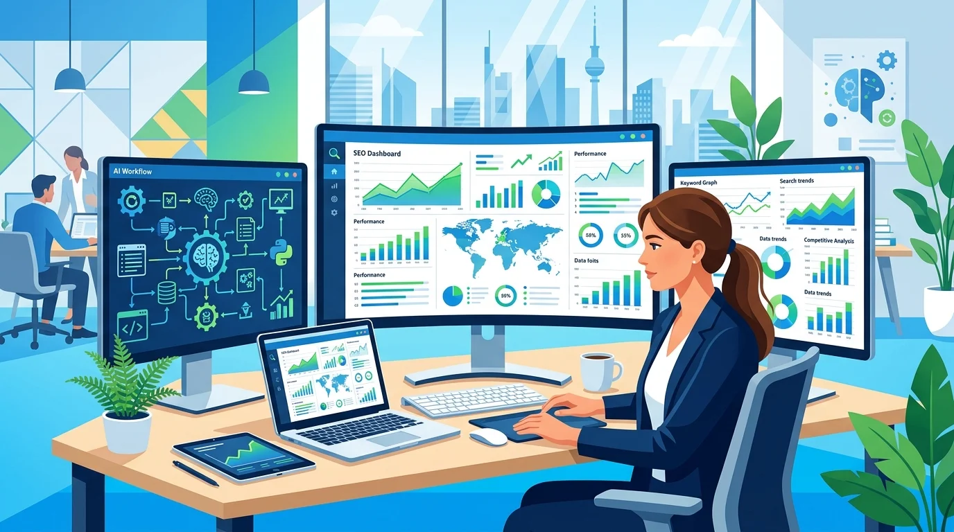 SEO Automatisierung mit KI: Marketing-Manager analysiert KI-gestützte SEO-Workflows auf einem modernen Dashboard