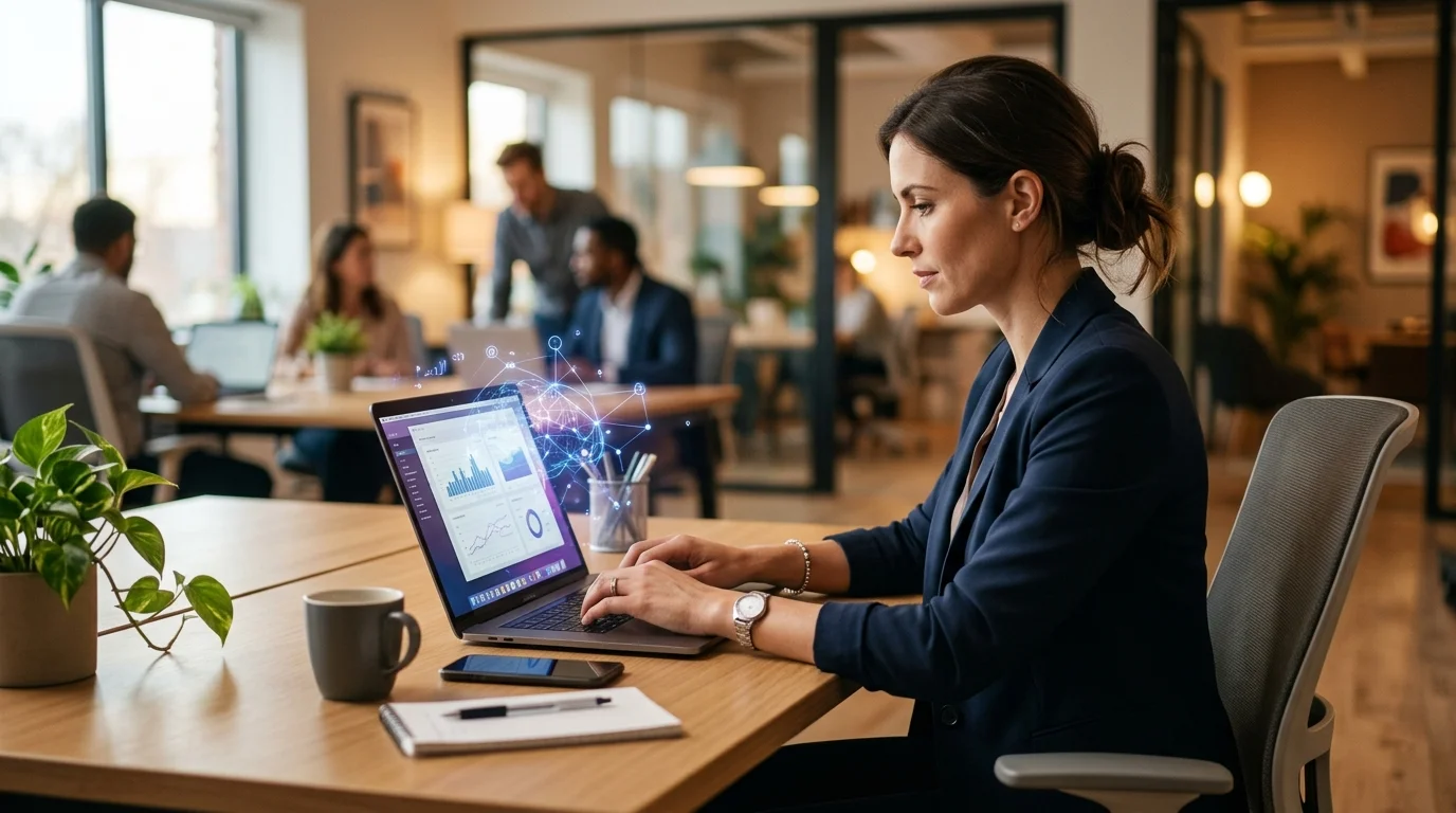 Marketing Manager arbeitet mit KI-Tools an SEO-Content auf einem modernen Laptop