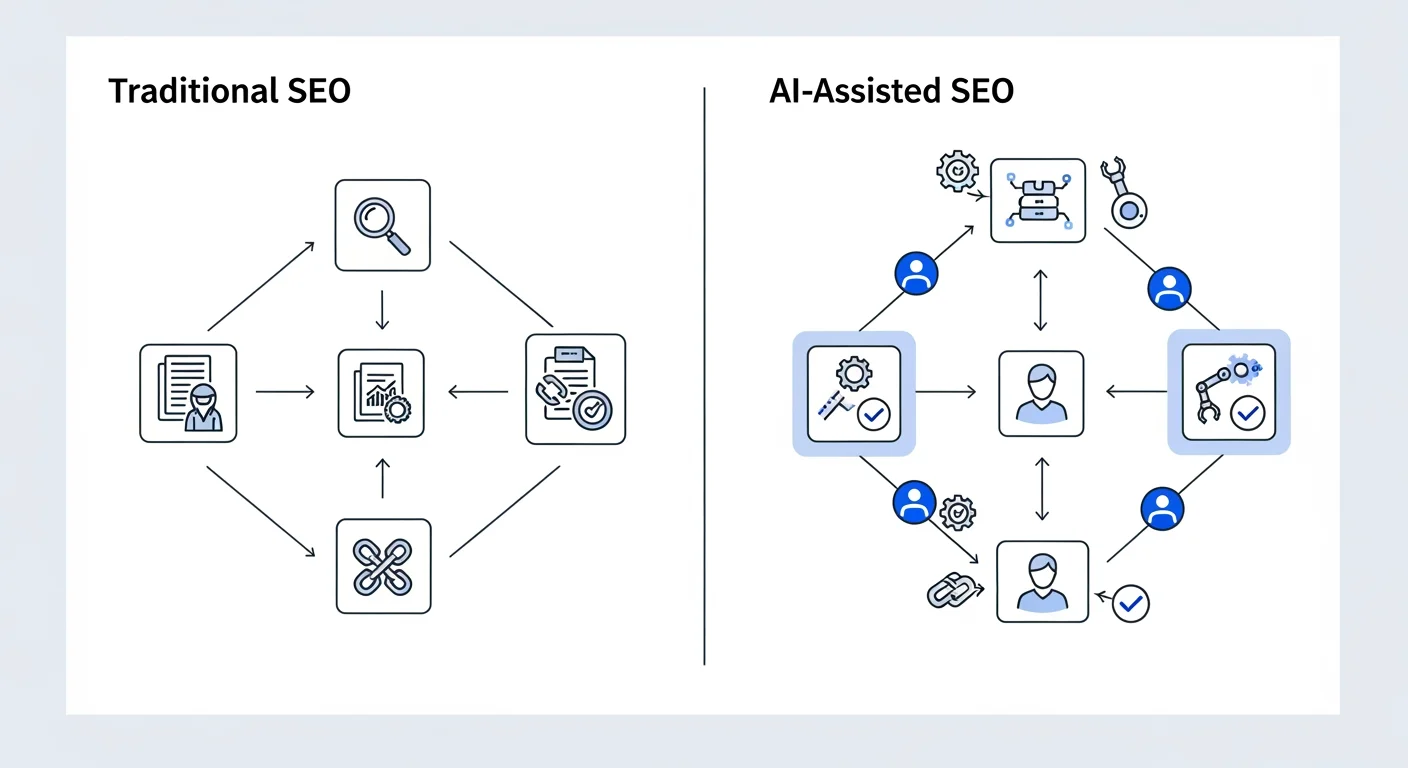 SEO mit KI – Workflow-Vergleich klassischer Prozess vs. KI-gestützter SEO-Prozess