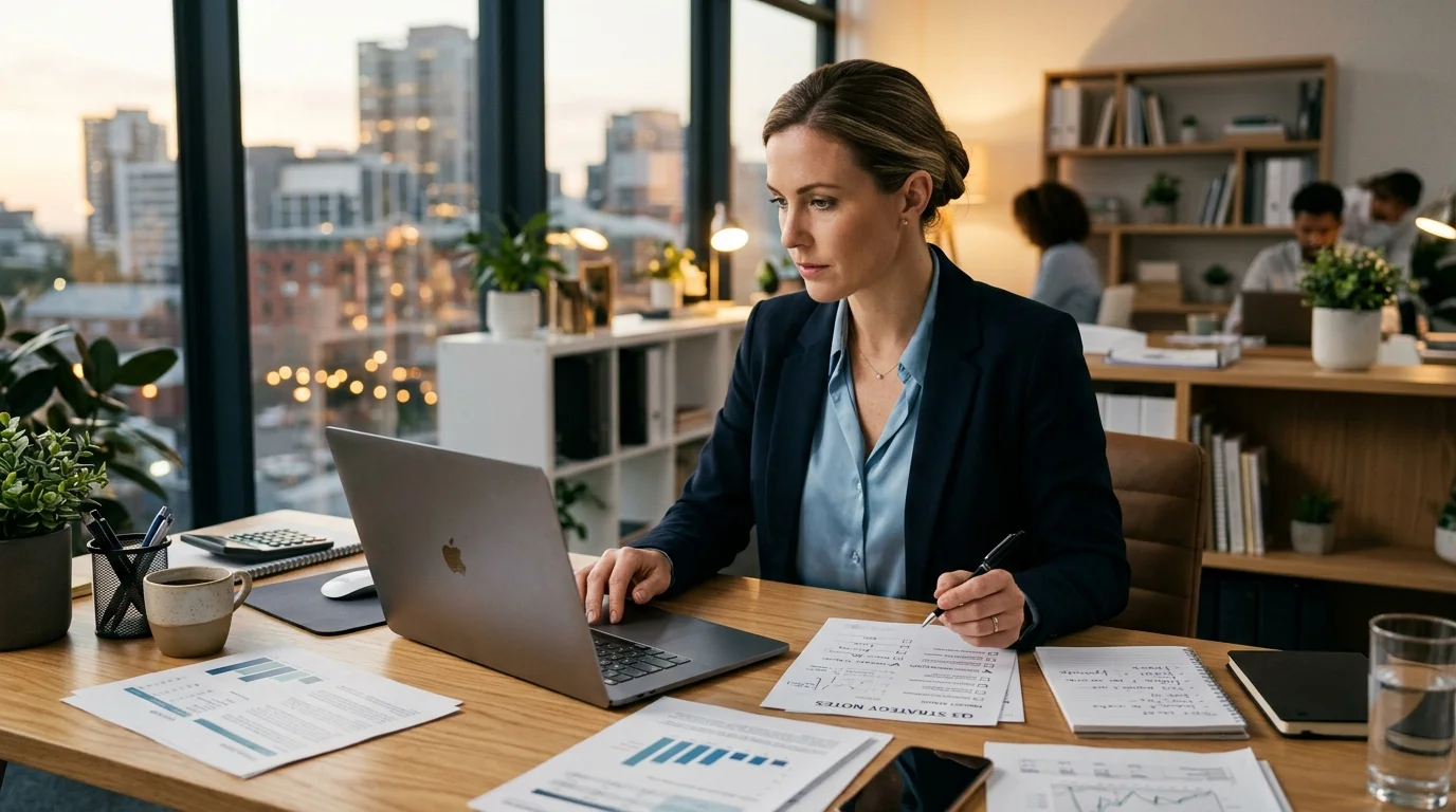 Unternehmer analysiert Kriterien zur Auswahl einer SEO-Text-Agentur am Schreibtisch
