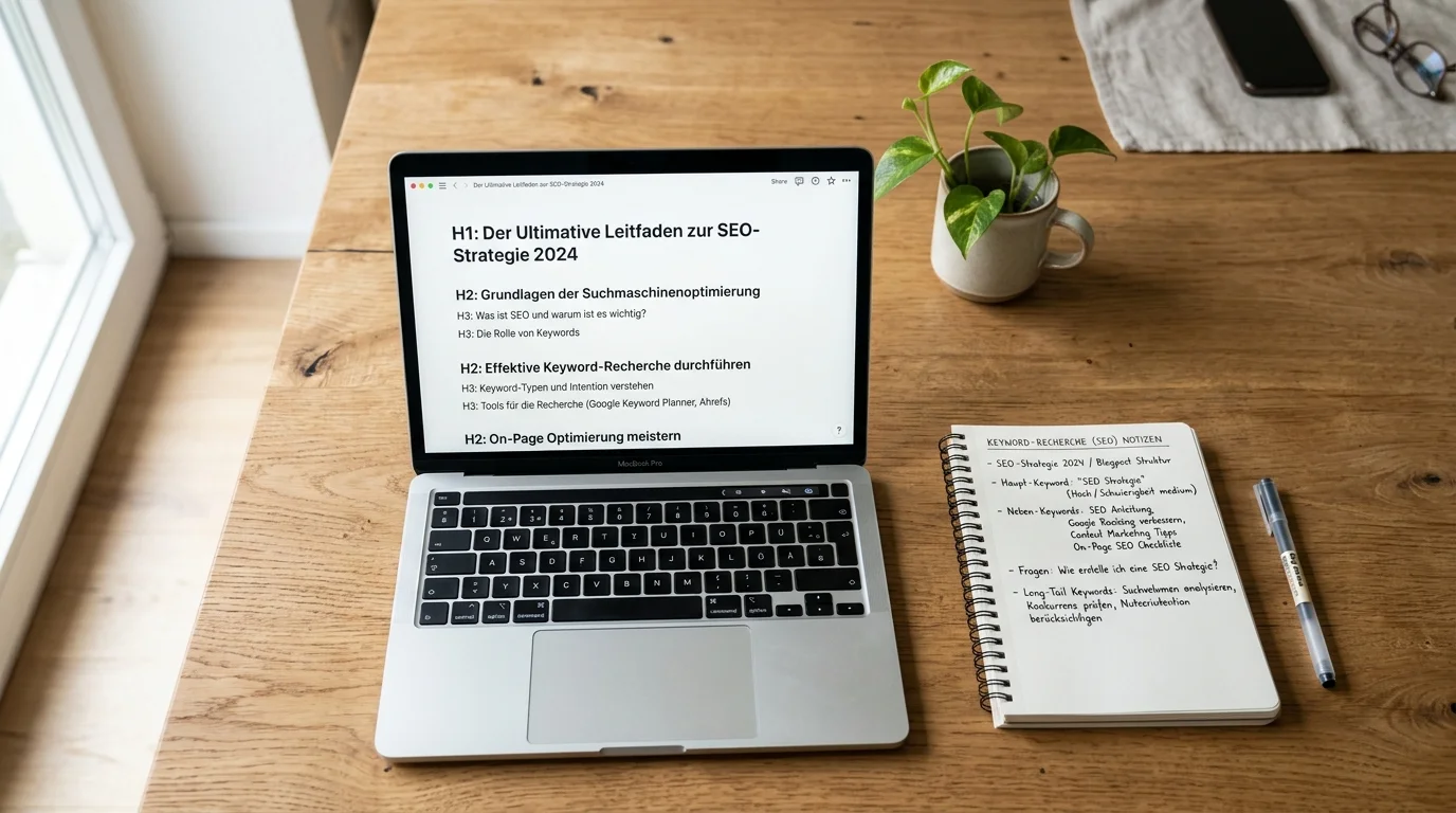 SEO Texte schreiben Anleitung Schritt für Schritt als Übersicht auf einem Laptop-Bildschirm