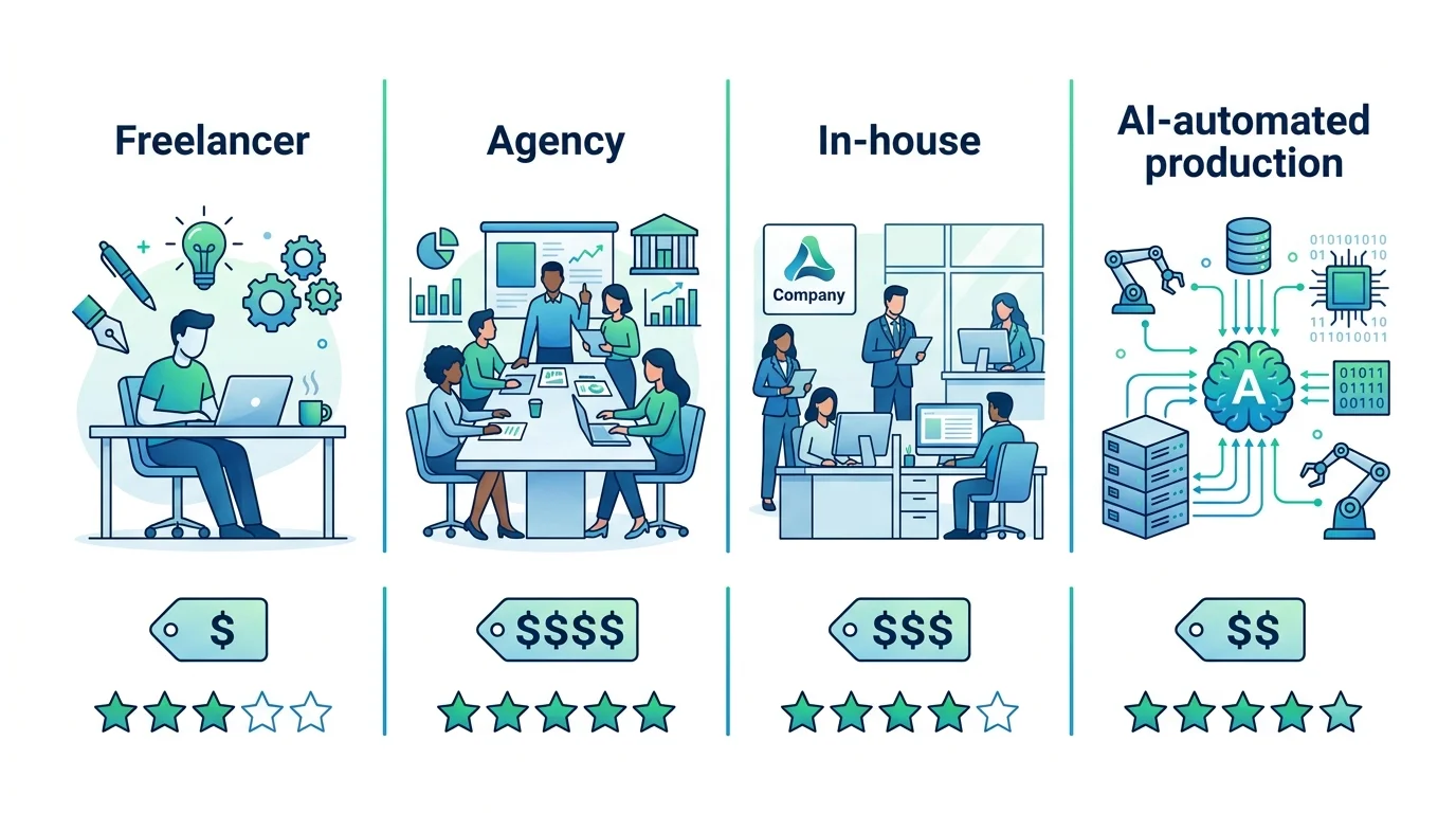 Vergleich der vier Optionen für SEO-Texte: Freelancer, Agentur, In-house und KI