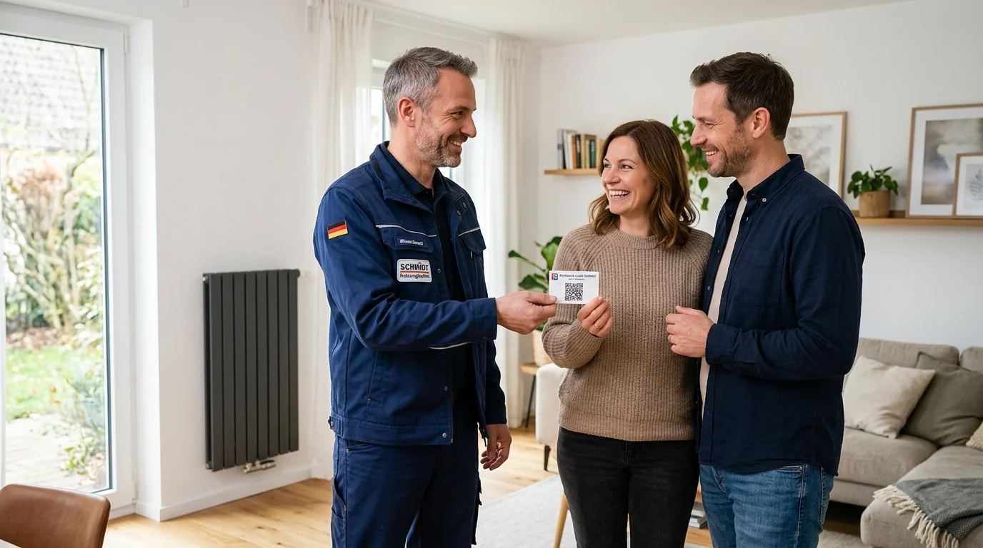 SHK-Handwerker übergibt zufriedenem Kunden eine Visitenkarte mit QR-Code für Google-Bewertung nach erfolgreich installierter Heizungsanlage