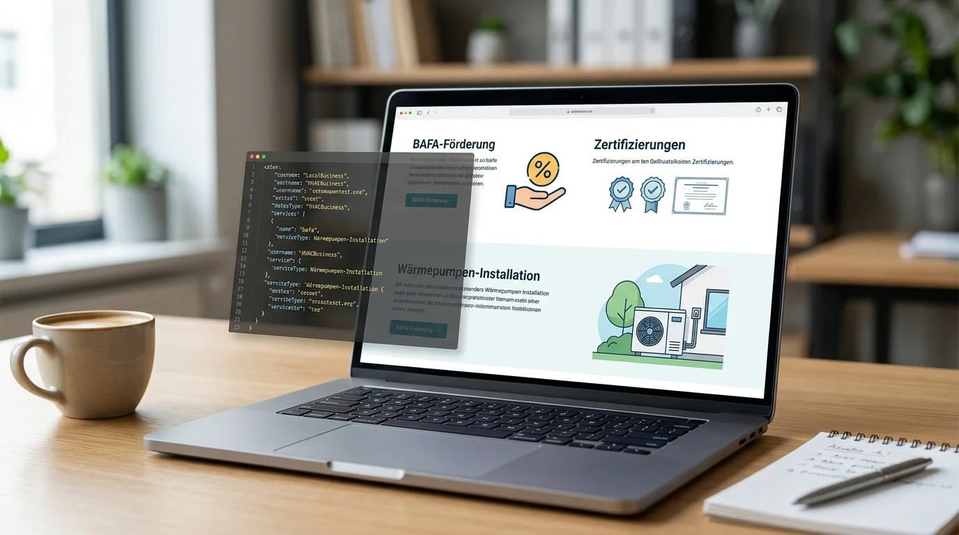 Strukturierte Website-Darstellung von BAFA-Förderinformationen für einen SHK-Betrieb mit Schema-Markup-Visualisierung