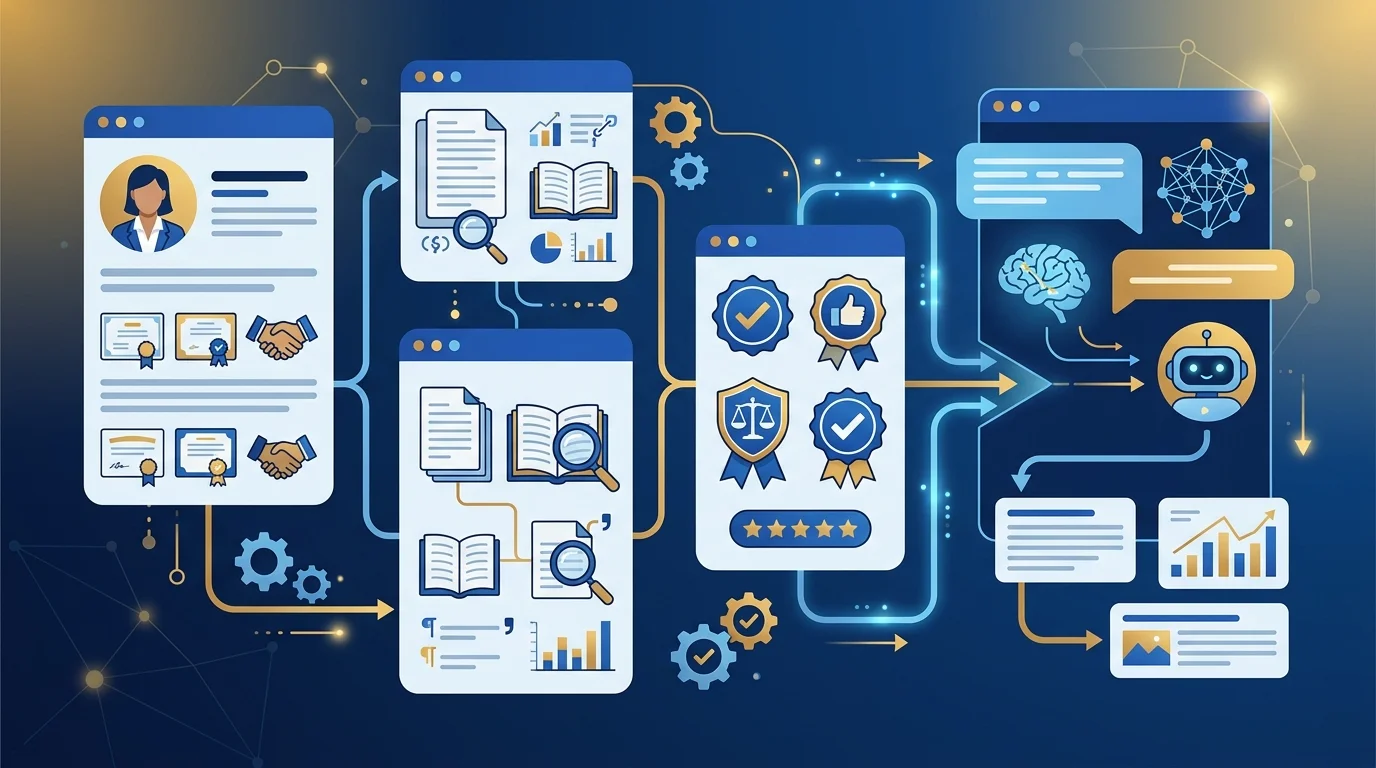 E-E-A-T und GEO für KI-Content: Vertrauenssignale und Autorenexpertise visuell dargestellt