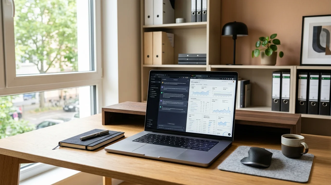 KI für SEO-Content erstellen: Laptop mit KI-Interface und SEO-Dashboard im modernen Büro