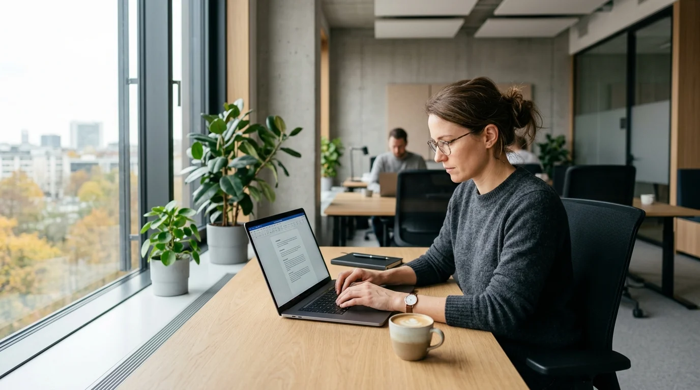 Person nutzt KI-Tool auf Laptop für LinkedIn-Beiträge mit LinkedIn-Interface im Hintergrund