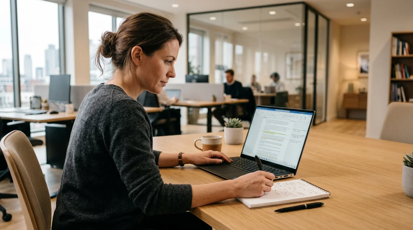 Überarbeitung eines KI-generierten LinkedIn-Beitrags am Laptop mit handschriftlichen Notizen daneben