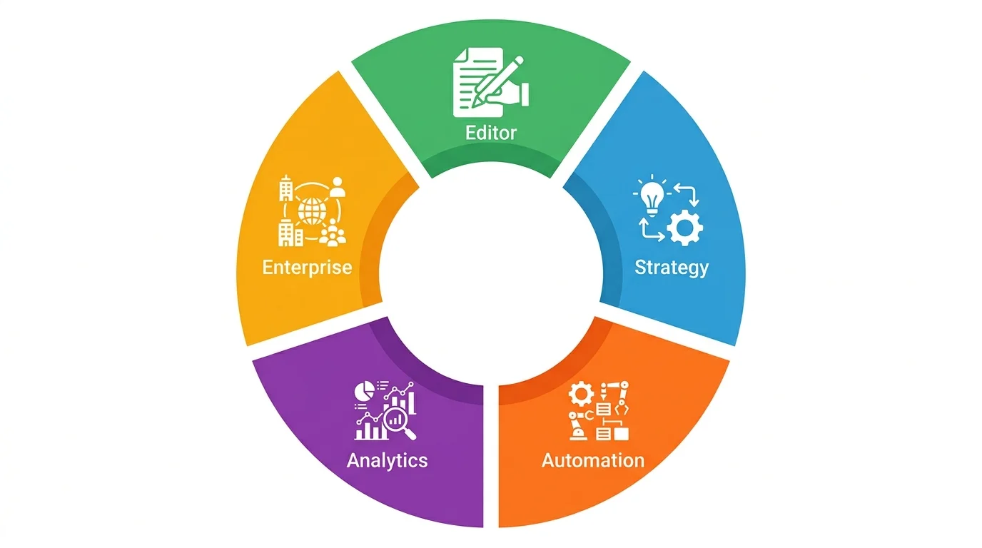 Überblick der fünf Kategorien von SEO-Content-Tools: On-Page-Optimierung, Content-Intelligence, All-in-One-Suiten, Automatisierung und Enterprise