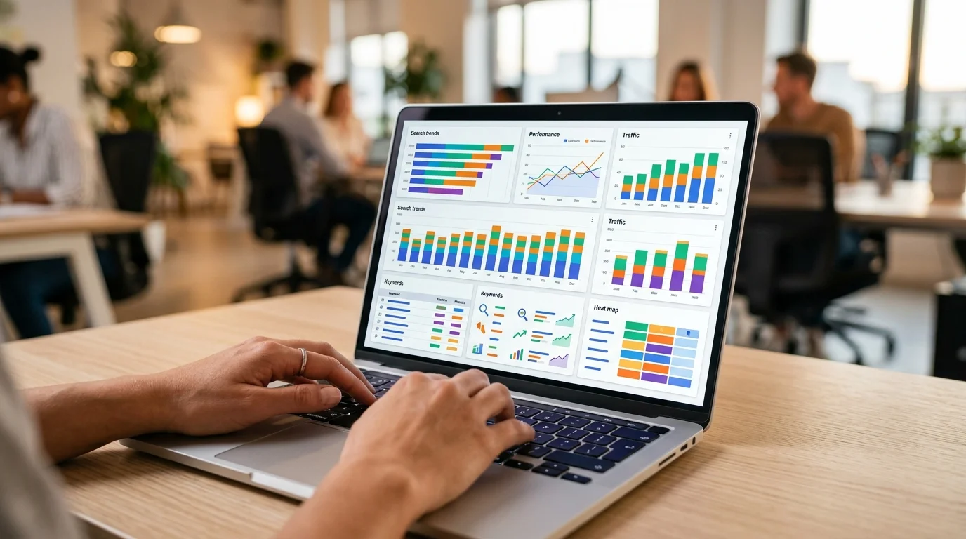 Keyword-Recherche und Suchintention visuell dargestellt mit Diagrammen und Suchbegriffen