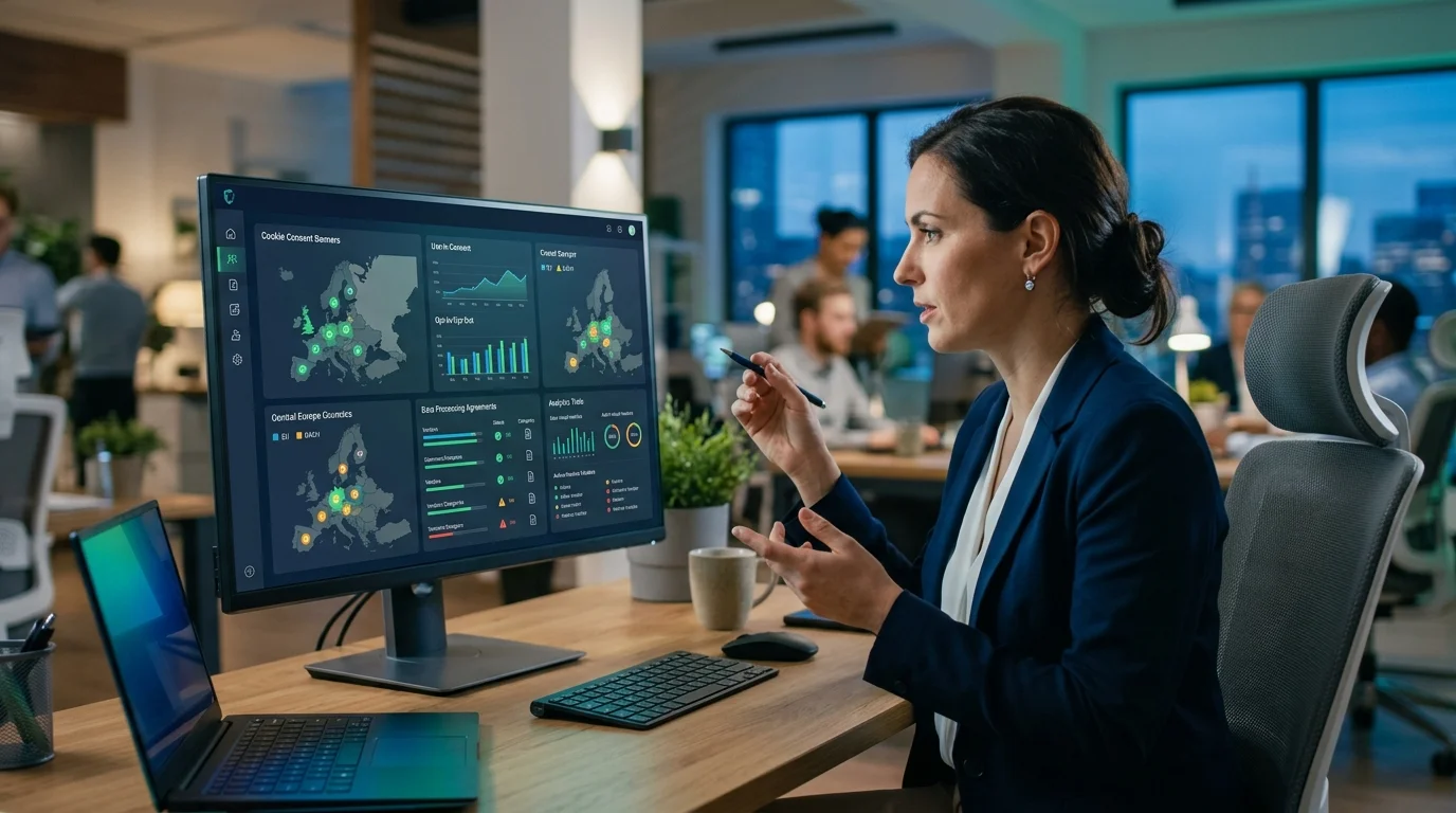 DSGVO-konforme SEO-Analyse mit Datenschutz-Symbol und Analytics-Dashboard im DACH-Markt