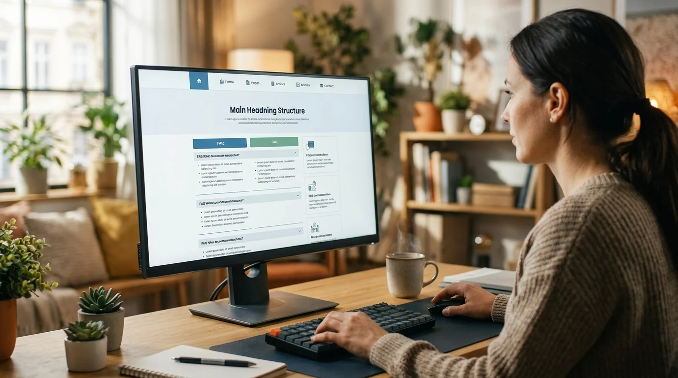 Strukturierter Website-Content mit FAQ-Blöcken für AEO und KI-Sichtbarkeit optimiert