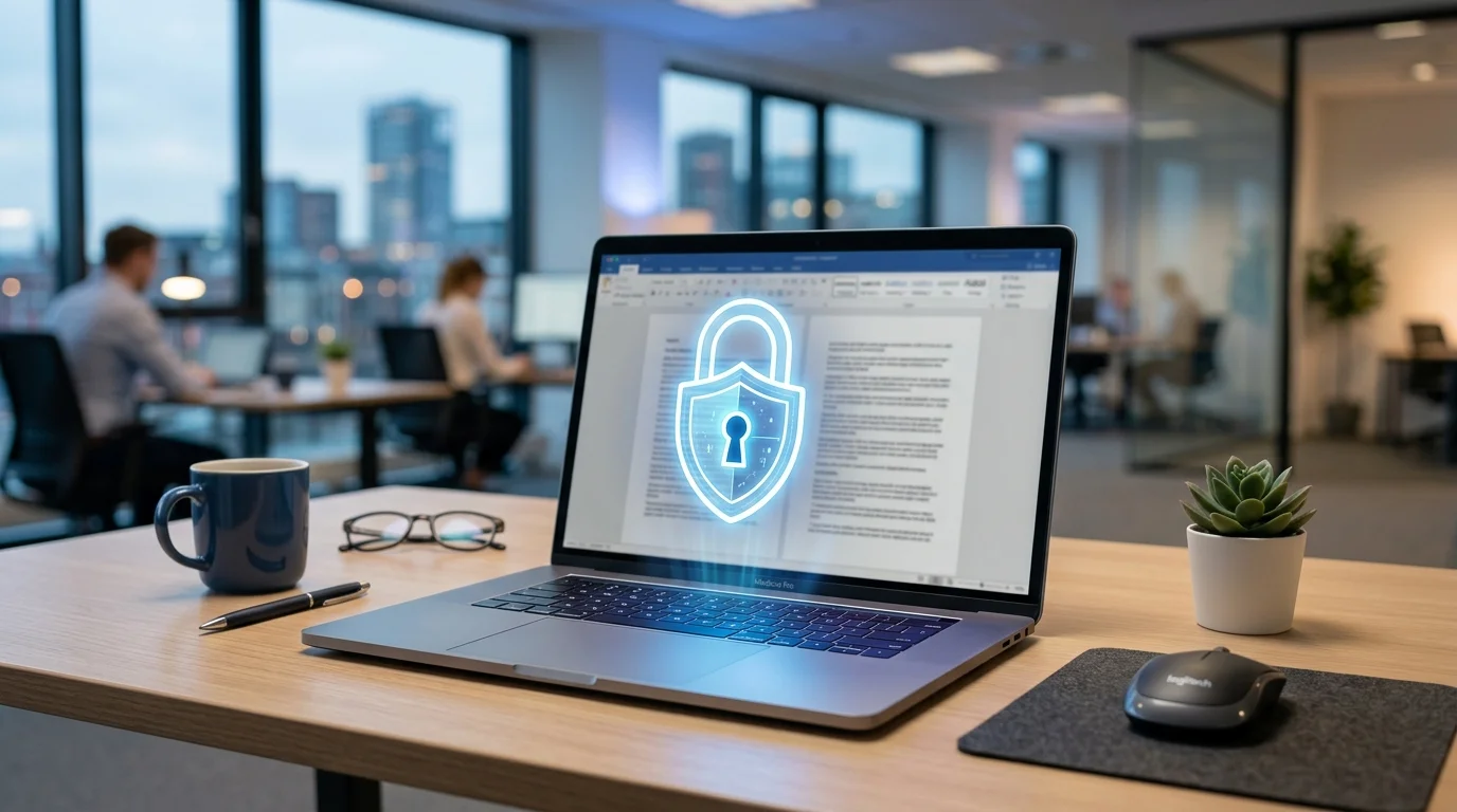 DSGVO-konforme KI-Nutzung: Schloss-Symbol auf digitalem Bildschirm symbolisiert Datenschutz beim Schreiben mit KI