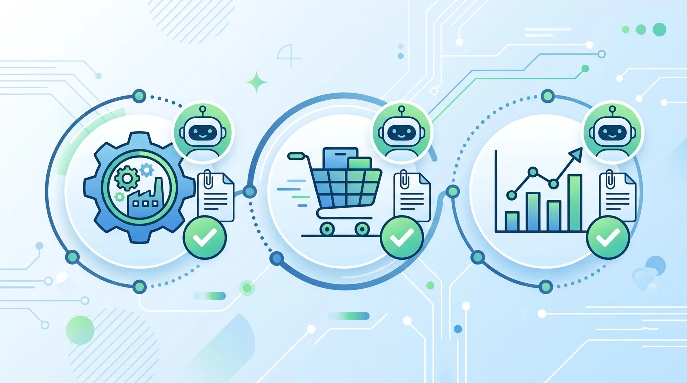 Drei Branchen Maschinenbau E-Commerce Fintech mit KI-Compliance Szenarien dargestellt