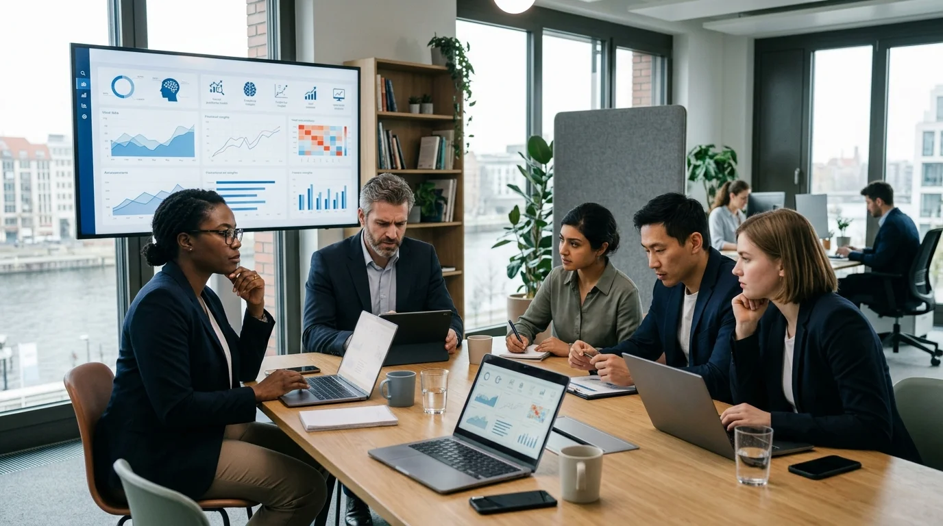 Marketingteam diskutiert KI-Markenerwähnungen und Compliance-Strategie im Büro