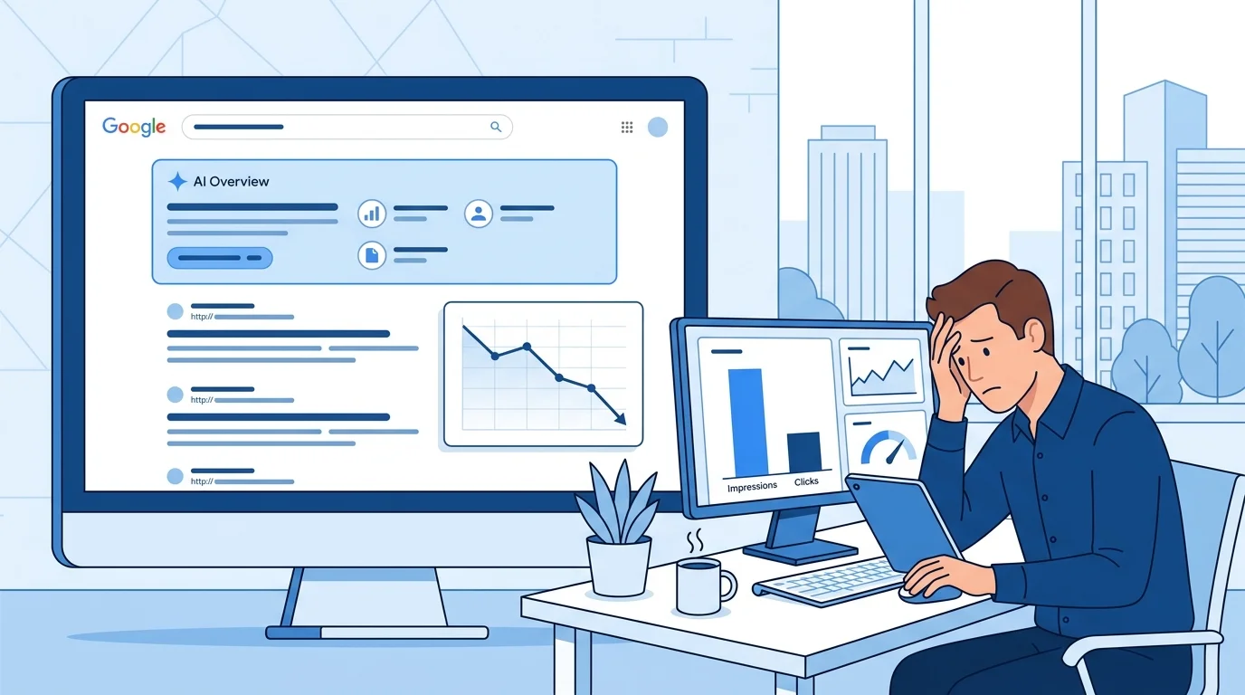 Zero-Click-Search Illustration: Google Suchergebnisseite mit AI Overview und sinkendem Traffic-Graph